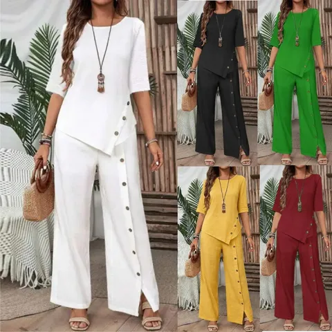 Women Casual Solid Color Loose Half Sleeve Blouse And Wide Leg Pants Set Elegant Button Patchwork Top And Bottom