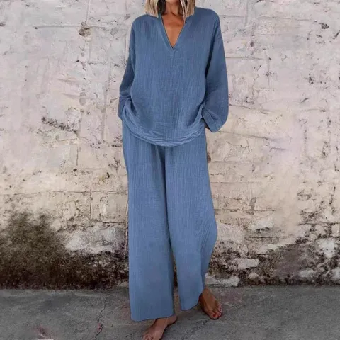 Women Casual Long Sleeve V-Neck Top And Wide Leg Pants Set Solid Color Loose Outfit Commuter Fashion Clothing