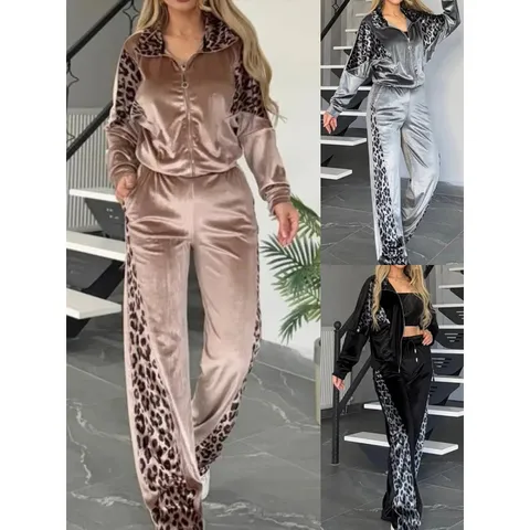 Women Casual Leopard Color Block Velour Loungewear Set Long Sleeve Stand Collar Zip Top And Pants