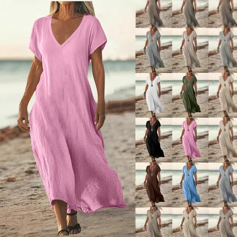 Women's Casual Cotton Blend V-Neck Short Sleeve Loose Maxi Dress Solid Color Summer Long Dress