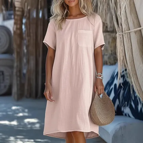 Women Casual Cotton Blend Round Neck Short Sleeve Pocket Midi Straight Dress Summer Solid Color Loose Daily Wear