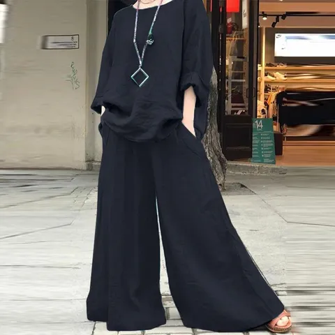 Women Casual Cotton Linen Long Sleeve Top And Bottom Set Loose Solid Color Casual Daily Outfits
