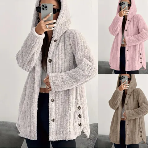 Women's Casual Fleece Hooded Cardigan Coat Long Sleeve Single Breasted Loose Outerwear Winter Warm Solid Color Jacket