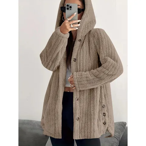 Women's Casual Fleece Hooded Cardigan Coat Long Sleeve Single Breasted Loose Outerwear Winter Warm Solid Color Jacket