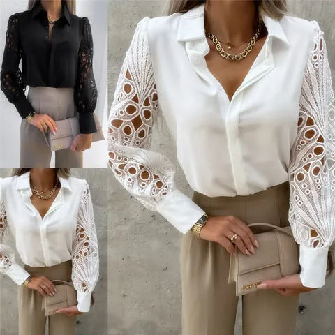 Women's Long Sleeve Lace Spliced Blouse Casual Turn-Down Collar Single-Breasted Shirt Urban Commute Top
