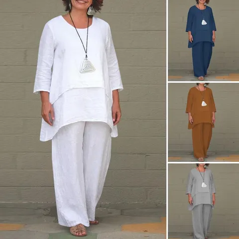 Women Casual Linen Blend Long Sleeve Irregular Hem Top And Wide Leg Pants Set Chic Commuter Outfit