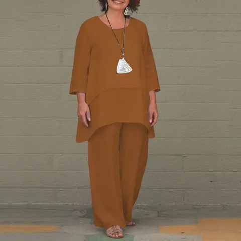 Women Casual Linen Blend Long Sleeve Irregular Hem Top And Wide Leg Pants Set Chic Commuter Outfit