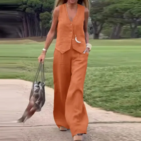 Women Casual Solid Color Sleeveless V Neck Vest And High Waist Wide Leg Pants Top And Bottom Commuter Outfit Set