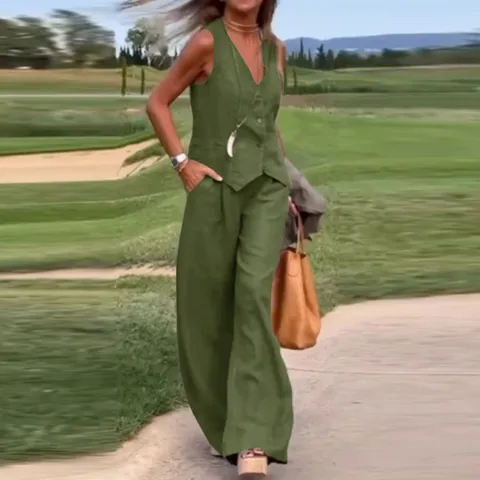 Women Casual Solid Color Sleeveless V Neck Vest And High Waist Wide Leg Pants Top And Bottom Commuter Outfit Set
