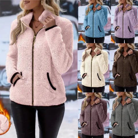Women's Casual Fleece Zip Up Cardigan Jacket Long Sleeve Stand Collar Solid Color Winter Warm Outerwear Top