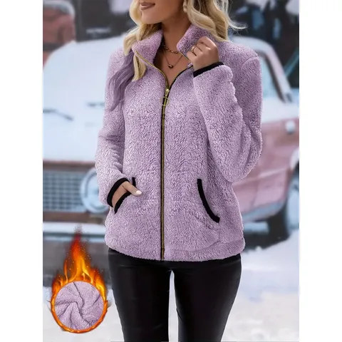 Women's Casual Fleece Zip Up Cardigan Jacket Long Sleeve Stand Collar Solid Color Winter Warm Outerwear Top