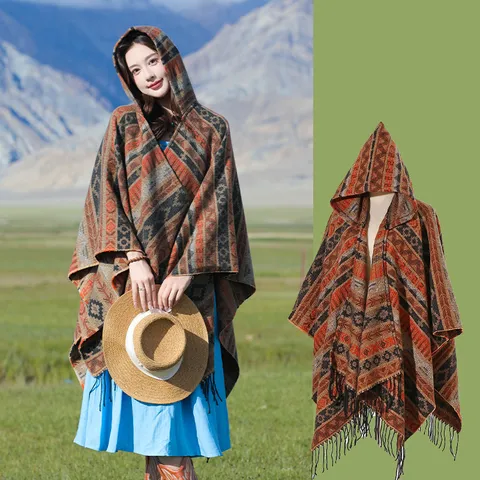 Women Ethnic Striped Hooded Shawl Tassel Poncho For Travel Bohemia Geometric Pattern Warm Knit Cape Cardigan For Outdoor