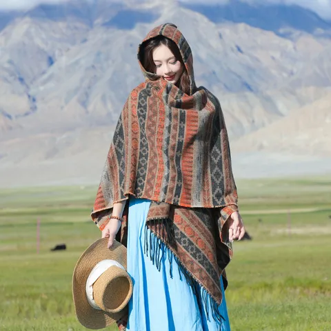 Women Ethnic Striped Hooded Shawl Tassel Poncho For Travel Bohemia Geometric Pattern Warm Knit Cape Cardigan For Outdoor