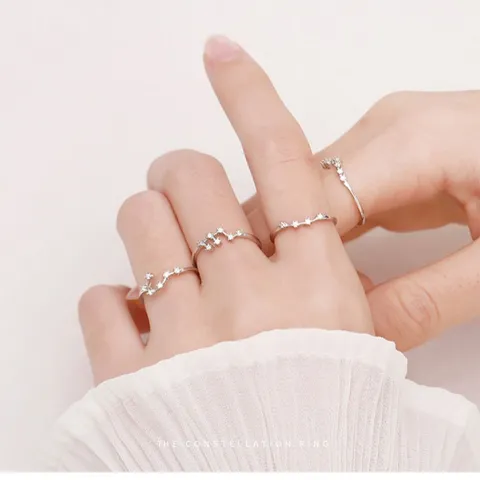 Fashion Silver Plated Copper Rhinestone Constellation Open Ring For Women Adjustable Zodiac Sign Finger Ring Daily Office Commute Jewelry