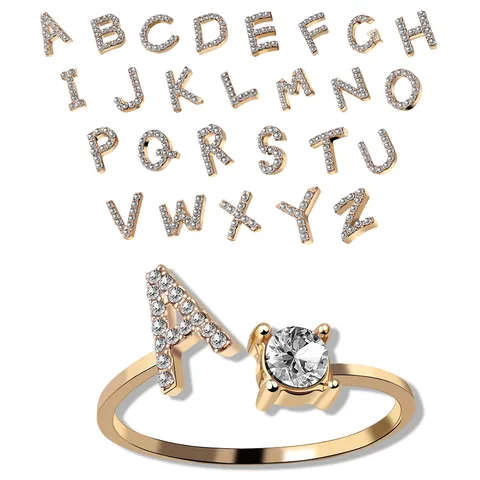 Fashion Alloy Rhinestone 26 English Alphabet Open Ring For Women Personalized Initial Letter Adjustable Round Stone Ring Jewelry