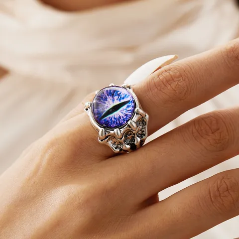 Punk Alloy Demon Devil Eye Ring Antique Silver Plated Gothic Monster Claw Statement Ring Vintage Rhinestone Ring Jewelry Gift For Men