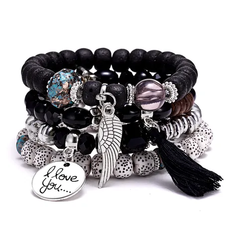 Bohemian Multi-Layer Beaded Bracelet Set Ethnic Vintage Stone Crystal Alloy Bangles Fashion Jewelry For Women Gift