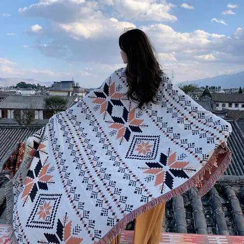 Ethno-Böhmischer Gestrickter Schal Decke Für Damen Retro Geometrisches Muster Jacquard Quasten Schal Für Reisen Camping Outdoor