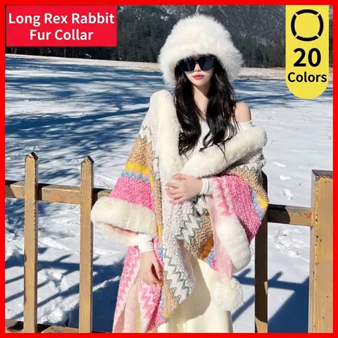 Damen Ethno-Umhang Schal Kunstkaninchenfellkragen Ärmel Retro Geometrischer Strickponcho Strickjacke Warme Oberbekleidung