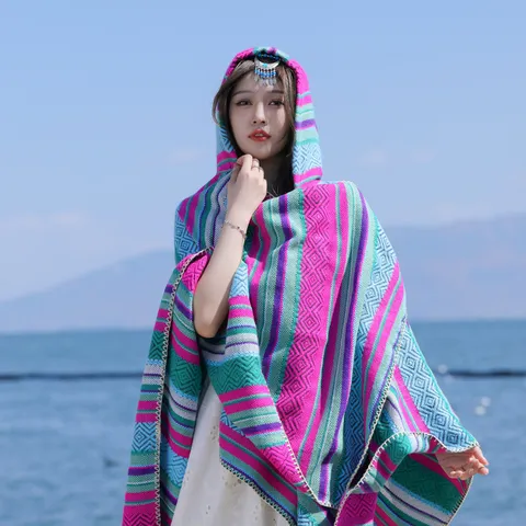 Women Bohemian Retro Ethnic Hooded Cape Sun Protection Warm Striped Shawl Outer Wear Acrylic Poncho
