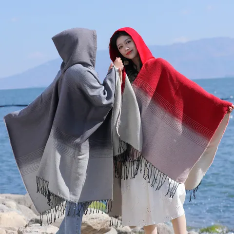 Dames Poncho Sjaal Met Capuchon Gradiënt Kwastjes Etnisch Geometrisch Patroon Warm Jacquard Gebreide Cape Voor Reizen
