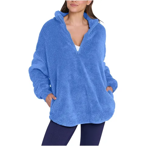Women's Casual Stand Collar Long Sleeve Fleece Sweatshirt Winter Warm Solid Color Pullover Top With Pockets