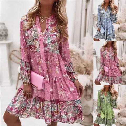 Damen V-Ausschnitt Langarm Blumendruck Stufen Mini Kleid Casual Frühling Sommer Böhmisches Rüschenkleid