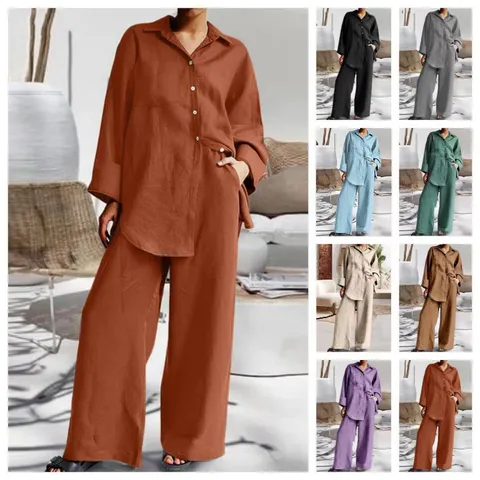 Women Casual Cotton Linen Blend Two Piece Set Lapel 3/4 Sleeve Shirt And Loose Straight Long Pants Tracksuit