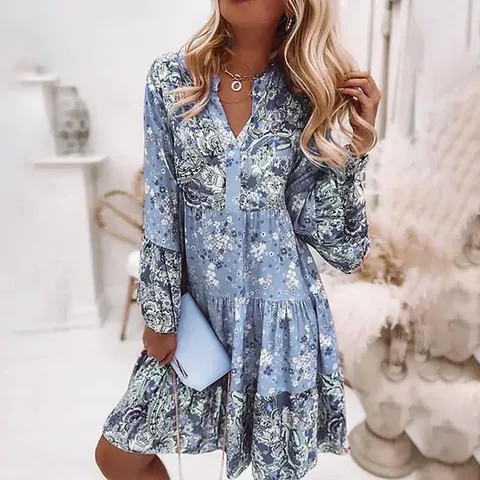 Damen V-Ausschnitt Langarm Blumendruck Stufen Mini Kleid Casual Frühling Sommer Böhmisches Rüschenkleid