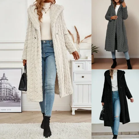 Women's Long Hooded Woolen Coat Winter Solid Color Double Breasted Long Sleeve Casual Outerwear Fleece Warm Jacket
