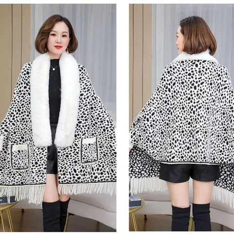 Women Faux Mink Fur Knit Cape Poncho With Large Faux Fur Collar Leopard Print Tassel Batwing Sleeve Loose Thick Cloak