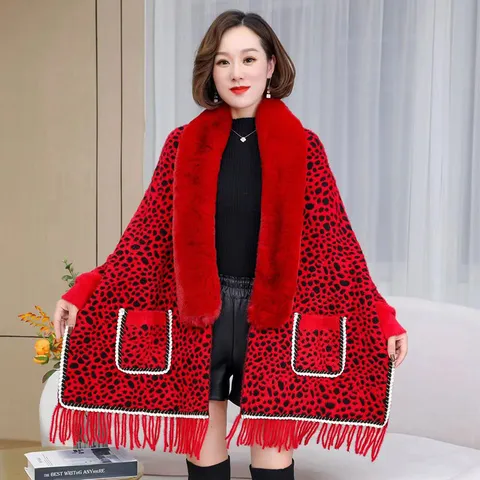 Women Faux Mink Fur Knit Cape Poncho With Large Faux Fur Collar Leopard Print Tassel Batwing Sleeve Loose Thick Cloak