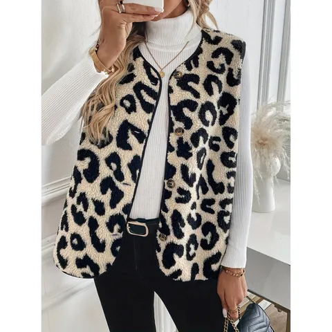 Women Fall Winter Leopard Print Sleeveless Vest Fashion Single Breasted Button Plush Faux Fur Waistcoat Outerwear