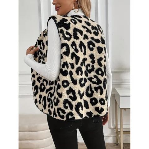 Women Fall Winter Leopard Print Sleeveless Vest Fashion Single Breasted Button Plush Faux Fur Waistcoat Outerwear