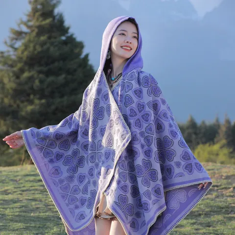 Ethno-Stil Damen Strickponcho Mit Kapuze Herz Kleeblatt Muster Jacquard Schal Quasten Umhang Warme Oberbekleidung Für Reisen