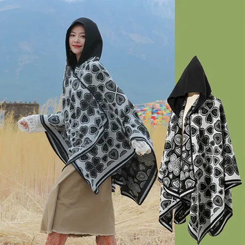 Ethno-Stil Damen Strickponcho Mit Kapuze Herz Kleeblatt Muster Jacquard Schal Quasten Umhang Warme Oberbekleidung Für Reisen