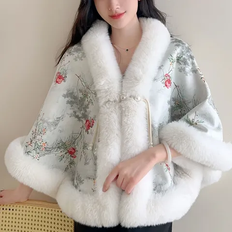 Eleganter Strick Blumen Bedruckter Cape Schal Mit Künstlichem Pelzkragen Akzent Perlen Kordelzug Offene Front Poncho Wickel Für Damen Hochzeit Abend Party Tägliche Kleidung