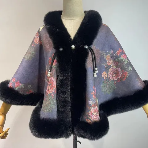 Eleganter Strick Blumen Bedruckter Cape Schal Mit Künstlichem Pelzkragen Akzent Perlen Kordelzug Offene Front Poncho Wickel Für Damen Hochzeit Abend Party Tägliche Kleidung