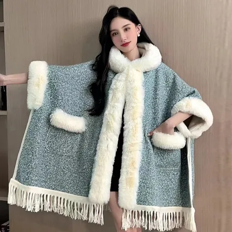 Retro Karo Kapuzen Poncho Für Damen Winter Dick Warm Fleece Gefüttert Schal Mit Kunstpelzkragen Quaste Saum Taschen Mantel