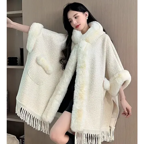Damen Kunstfellkragen Kapuzenkap Poncho Cape Mantel Warm Dick Fleece Gefüttert Quaste Polyester Oberbekleidung Elegant Top