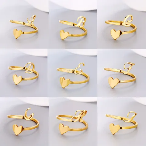 Minimalist Stainless Steel Open Ring For Women Heart Shaped Alphabet Initials Name Adjustable Statement Finger Band Rings Jewelry Gift
