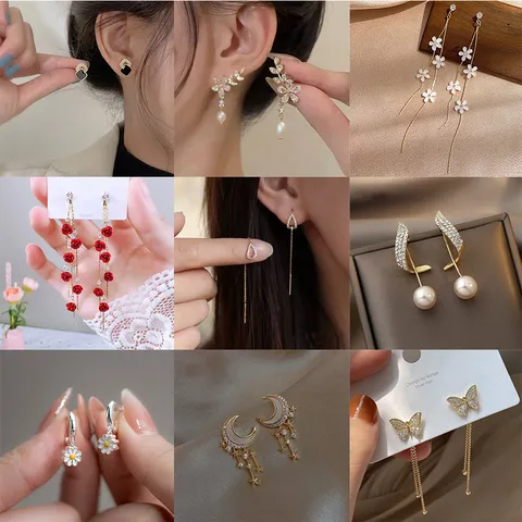 Korean Fashion Long Tassel Earrings For Women Elegant Flower Butterfly Moon Rhinestone 925 Sterling Silver Earring Post Alloy Earrings Jewelry