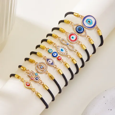 Alloy Evil Eye Adjustable Cord Bracelet For Women Men Handmade Turkish Nazar Blue Eye Hamsa Hand Rhinestone Charm Rope Bracelet Jewelry Gift