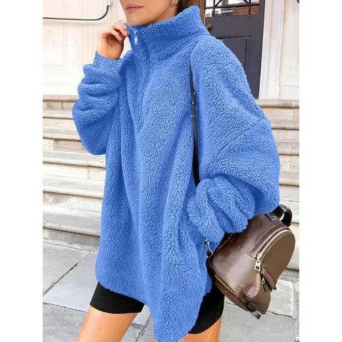Women's Casual Stand Collar Long Sleeve Fleece Sweatshirt Winter Warm Solid Color Pullover Top With Pockets