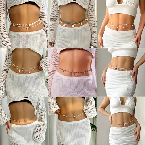 Bohemian Summer Fashion Shell Rice Bead Waist Chain Western Style Handmade Beaded Multi-Layer Body Chain For Women Beach Party Jewelry