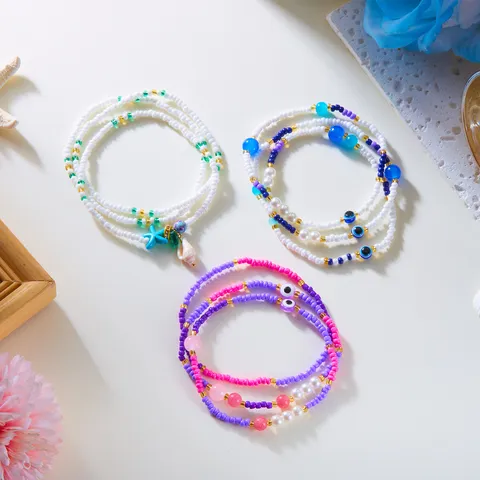 Bohemian Beaded Anklet Set For Women Colorful Evil Eye Starfish Shell Beach Foot Jewelry Adjustable Multilayer Summer Vacation Anklet Bracelet