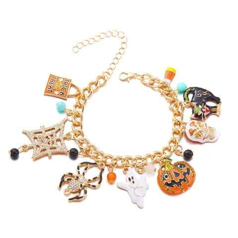 Juego Pulsera Collar Halloween Dijes Aleación Dorada Strass Calabaza Fantasma Araña Calavera Colgante Tema Fiesta Disfraz Joyería Regalo
