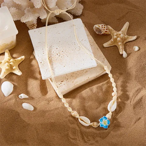 Bohemian Handgefertigte Muschel Blume Gewebte Halskette Für Damen Verstellbare Sommer Strand Urlaub Schmuck Polymer Ton Choker