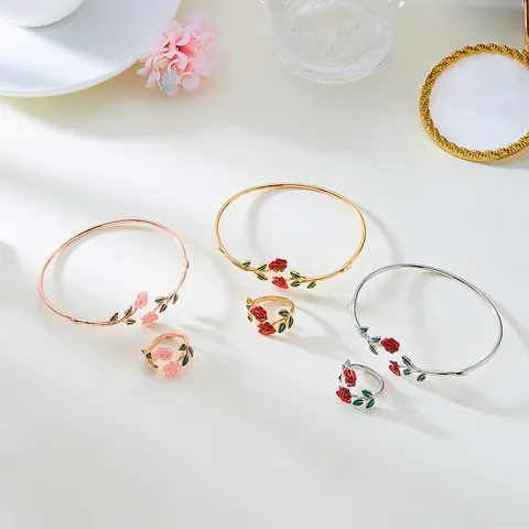 European American Fashion Copper Rose Flower Jewelry Set Open Bangle Bracelet And Adjustable Ring For Women Drip Oil Enamel Floral Jewelry Gift