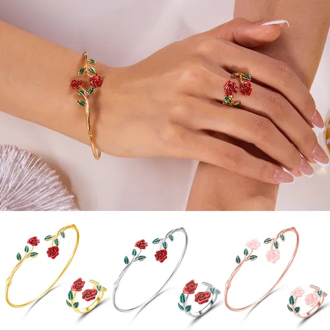 European American Fashion Copper Rose Flower Jewelry Set Open Bangle Bracelet And Adjustable Ring For Women Drip Oil Enamel Floral Jewelry Gift
